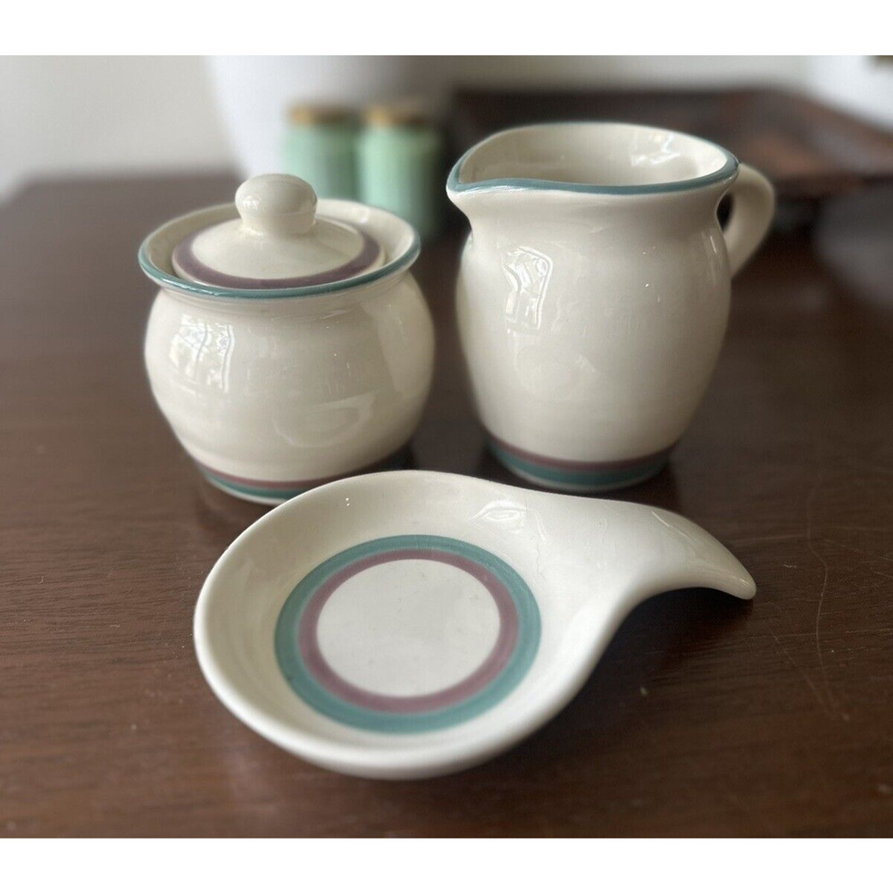 PFALTZGRAFF Juniper Creamer Sugar Bowl Spoon Rest Green Mauve Stripe‎ Vintage